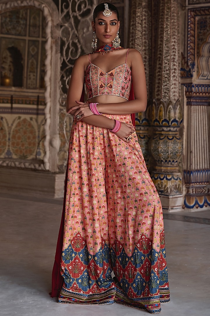 Sunset Orange Chanderi Silk Sequins Hand Embroidered Sharara Set by Kalista at Pernia's Pop Up Shop