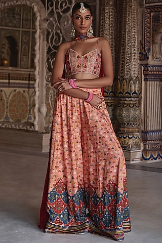 Sunset Orange Chanderi Silk Sequins Hand Embroidered Sharara Set by Kalista