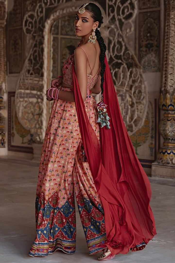Sunset Orange Chanderi Silk Sequins Hand Embroidered Wedding Sharara Set by Kalista at Pernia's Pop Up Shop