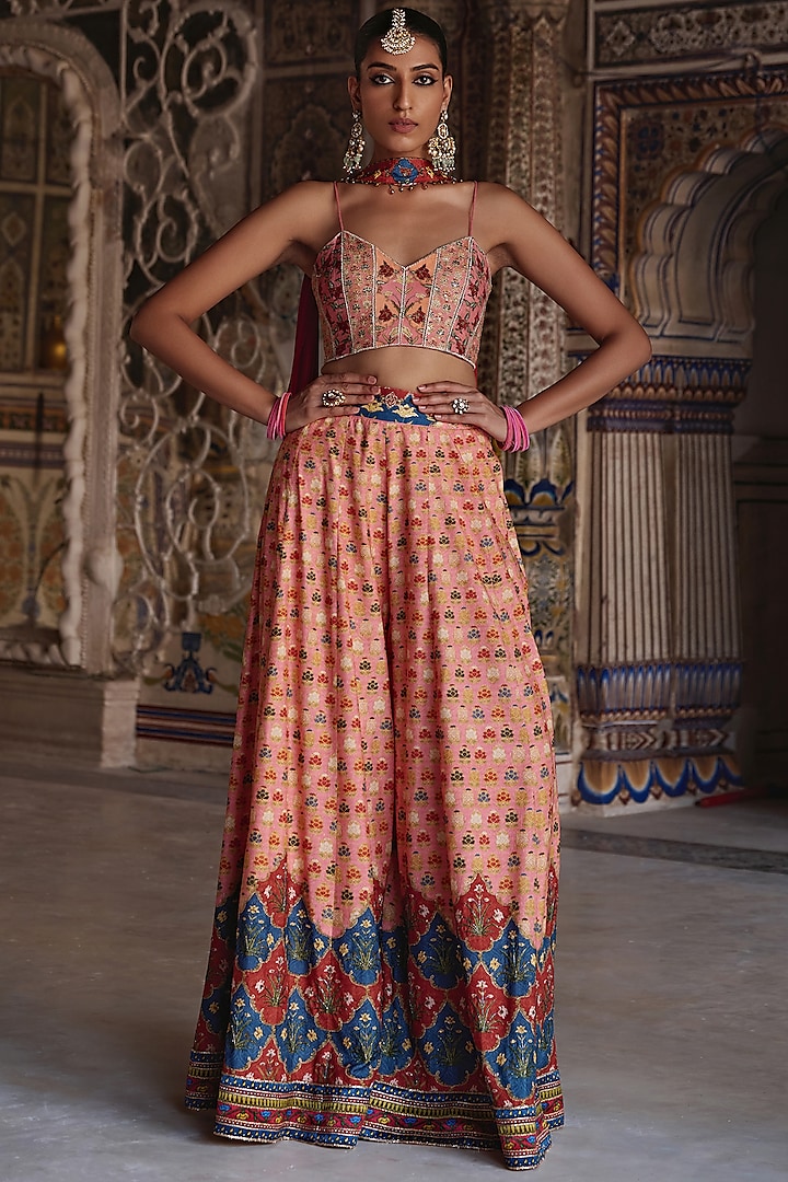 Sunset Orange Chanderi Silk Sequins Hand Embroidered Wedding Sharara Set by Kalista at Pernia's Pop Up Shop