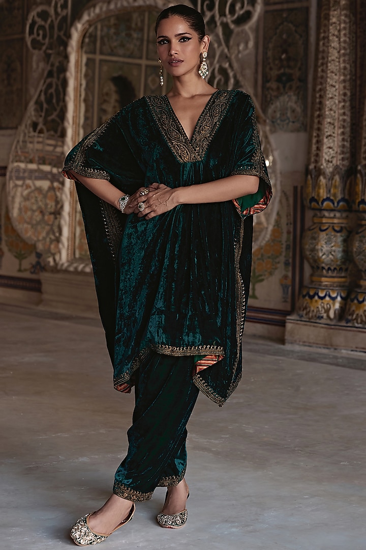 Bottle Green Silk Velvet Zari Embroidered Kaftan Set by Kalista at Pernia's Pop Up Shop