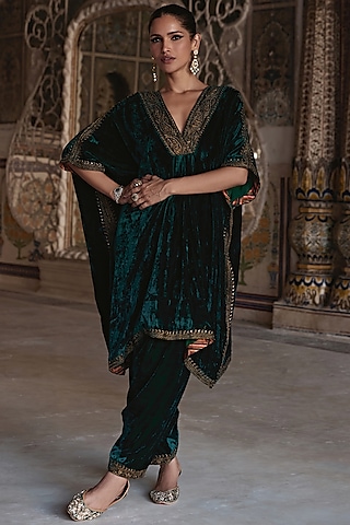 Bottle Green Silk Velvet Zari Embroidered Kaftan Set by Kalista