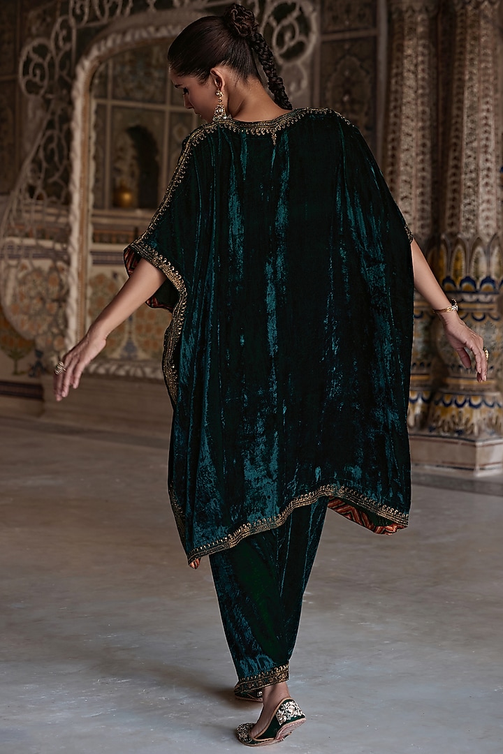 Bottle Green Silk Velvet Zari Embroidered Kaftan Set by Kalista at Pernia's Pop Up Shop