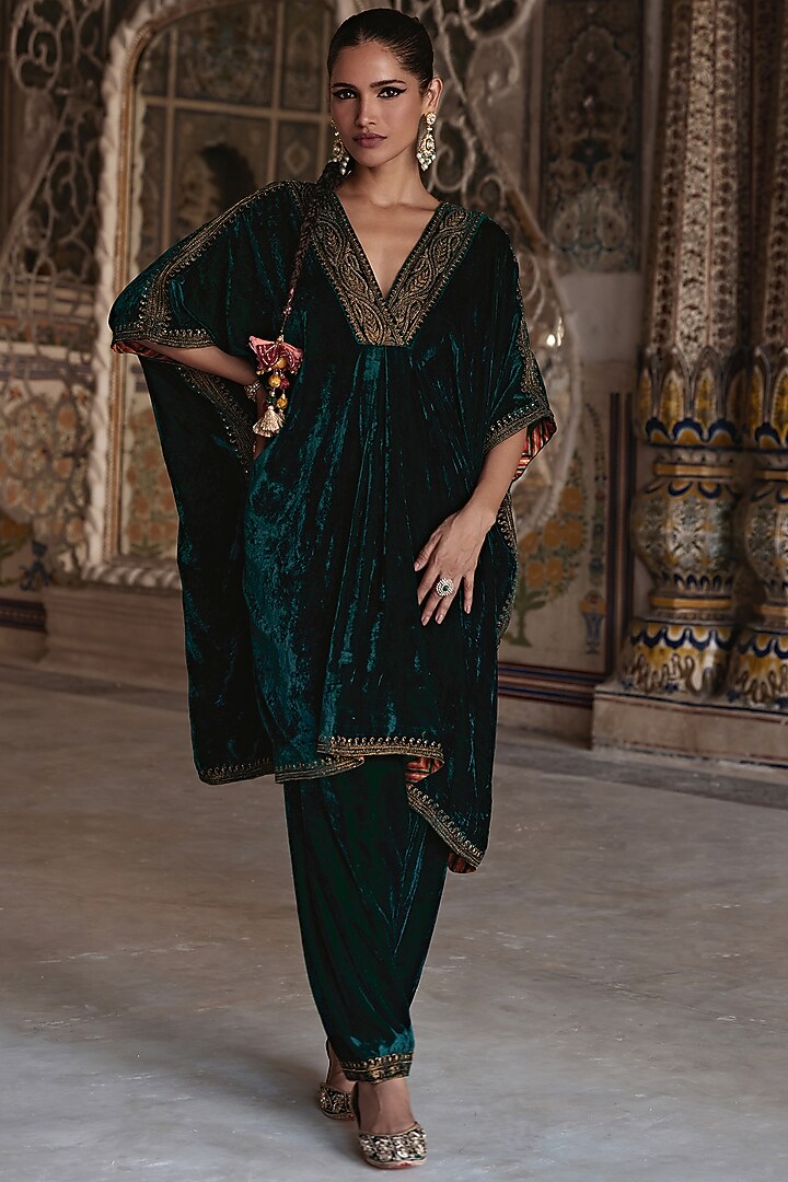 Bottle Green Silk Velvet Zari Embroidered Kaftan Set by Kalista at Pernia's Pop Up Shop
