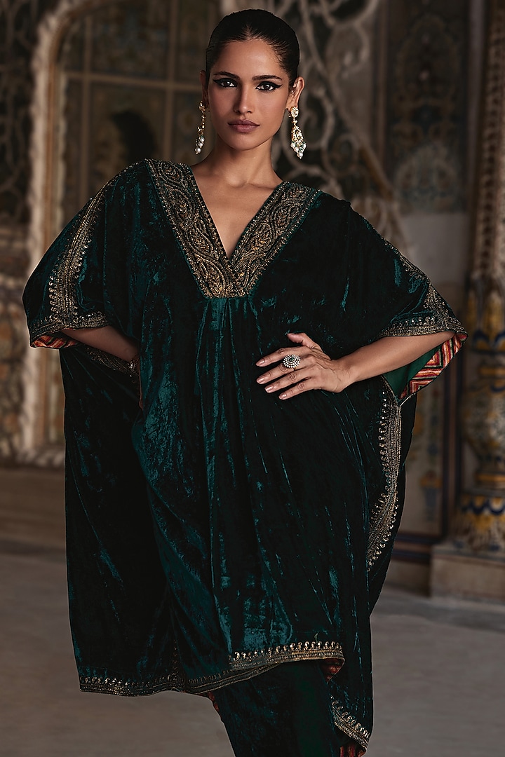 Bottle Green Silk Velvet Zari Embroidered Kaftan Set by Kalista at Pernia's Pop Up Shop