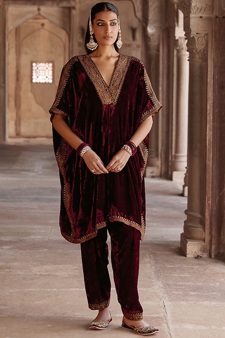 Maroon Silk Velvet Zari Embroidered Kaftan Set by Kalista at Pernia's Pop Up Shop