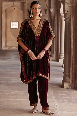 Maroon Silk Velvet Zari Embroidered Kaftan Set by Kalista