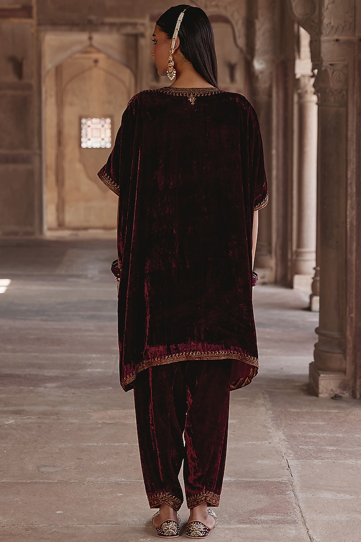 Maroon Silk Velvet Zari Embroidered Kaftan Set by Kalista at Pernia's Pop Up Shop