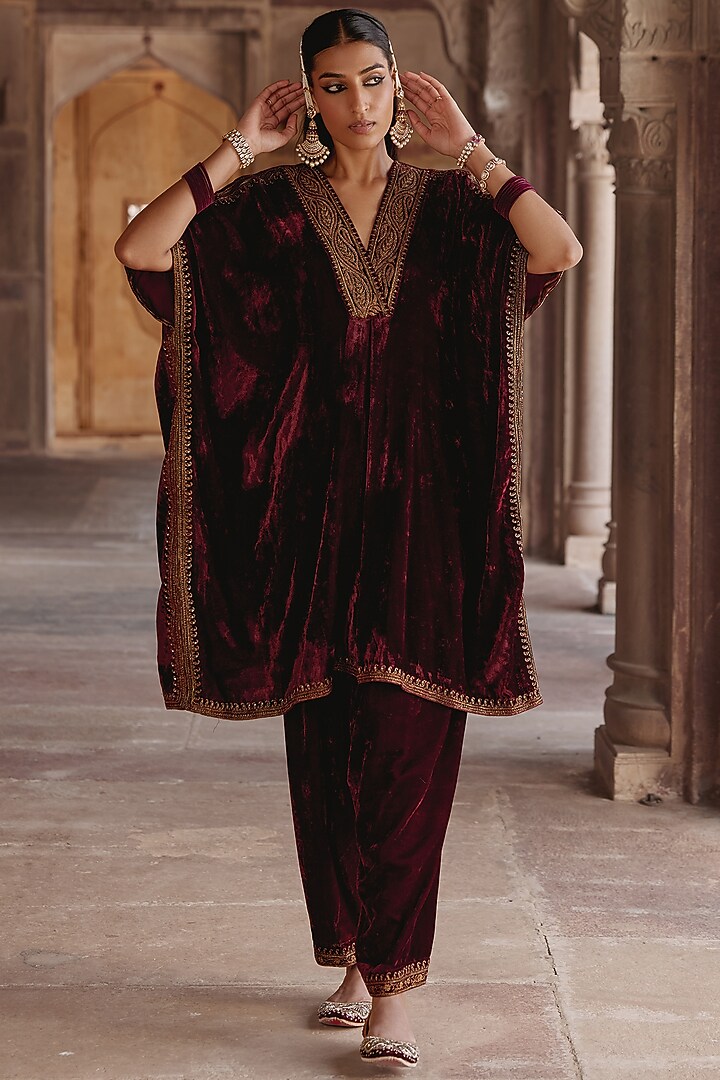 Maroon Silk Velvet Zari Embroidered Kaftan Set by Kalista at Pernia's Pop Up Shop