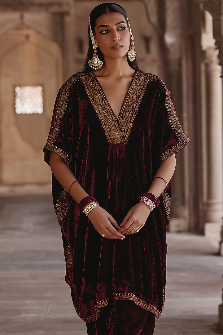 Maroon Silk Velvet Zari Embroidered Kaftan Set by Kalista at Pernia's Pop Up Shop