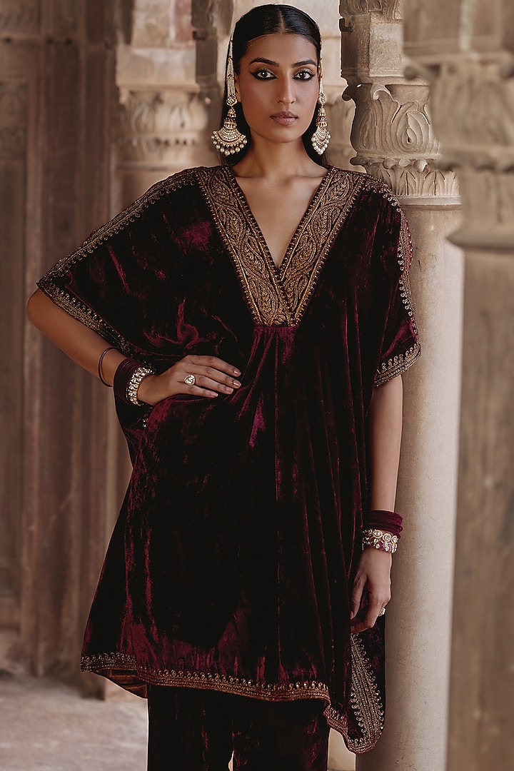 Maroon Silk Velvet Zari Embroidered Kaftan Set by Kalista at Pernia's Pop Up Shop