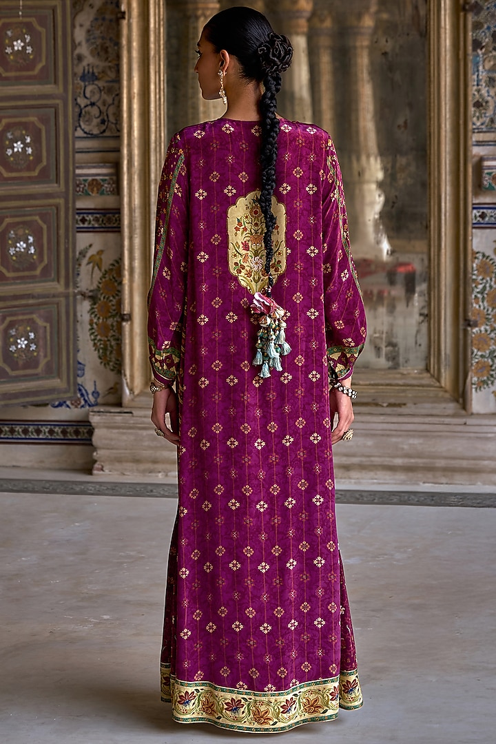 Sangria Purple Viscose Satin Bloom Printed Jalabiya Vacation Dress by Kalista at Pernia's Pop Up Shop