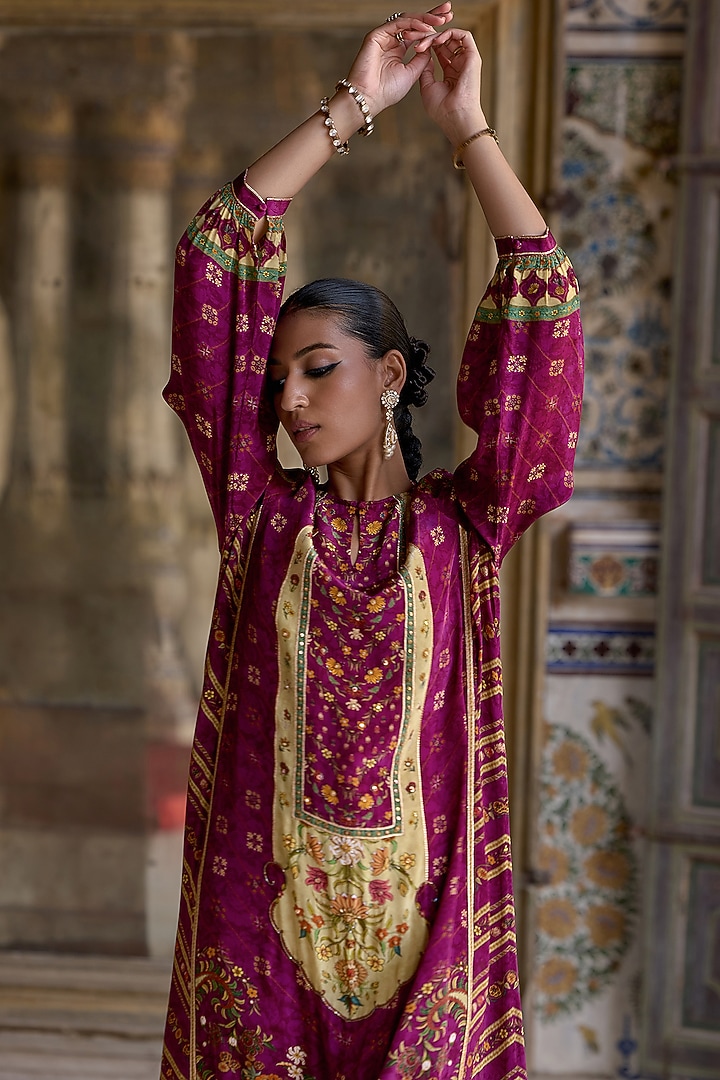 Sangria Purple Viscose Satin Bloom Printed Jalabiya Vacation Dress by Kalista at Pernia's Pop Up Shop