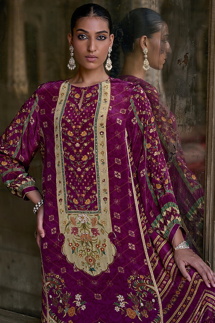 Sangria Purple Viscose Satin Bloom Printed Jalabiya Vacation Dress by Kalista at Pernia's Pop Up Shop