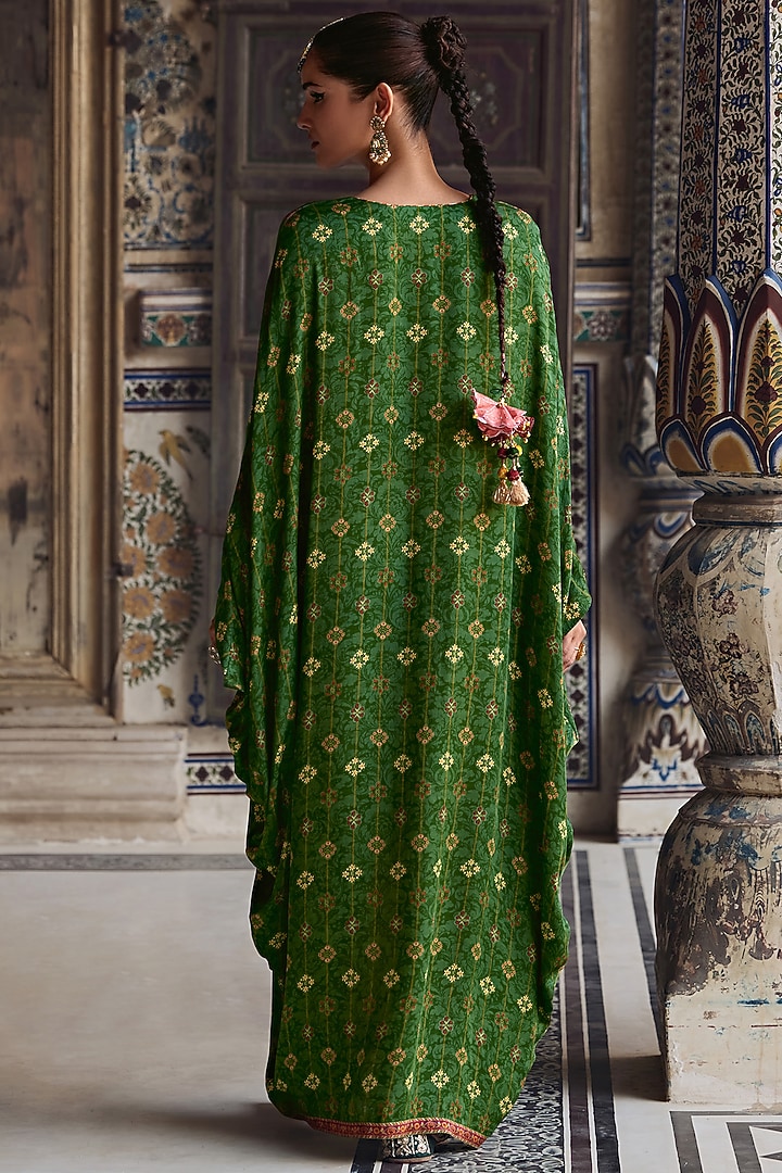 Basil Green Viscose Satin Motif Kaftan by Kalista at Pernia's Pop Up Shop