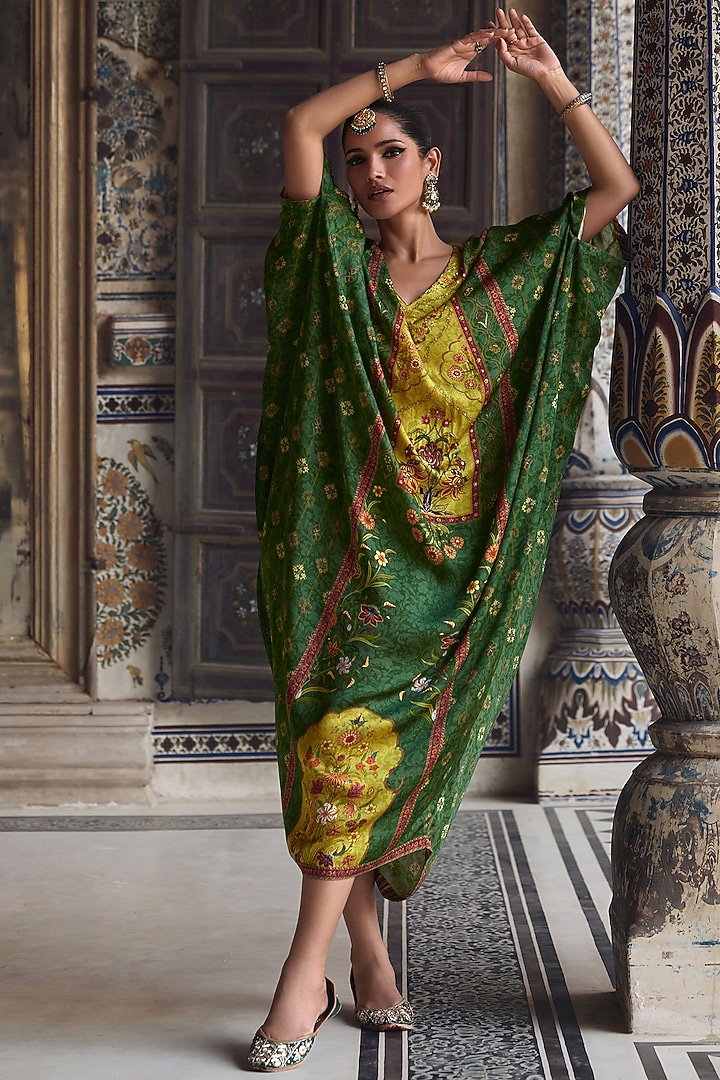 Basil Green Viscose Satin Motif Kaftan by Kalista at Pernia's Pop Up Shop