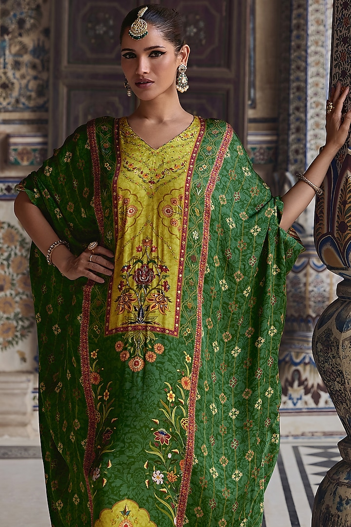 Basil Green Viscose Satin Motif Kaftan by Kalista at Pernia's Pop Up Shop