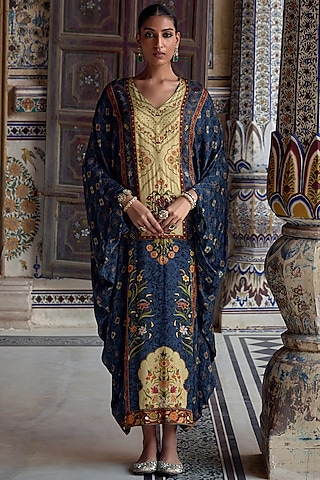 Prussian Blue Viscose Satin Motif Kaftan by Kalista