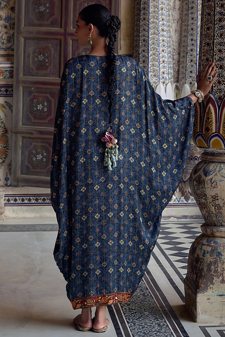 Prussian Blue Viscose Satin Motif Kaftan by Kalista at Pernia's Pop Up Shop