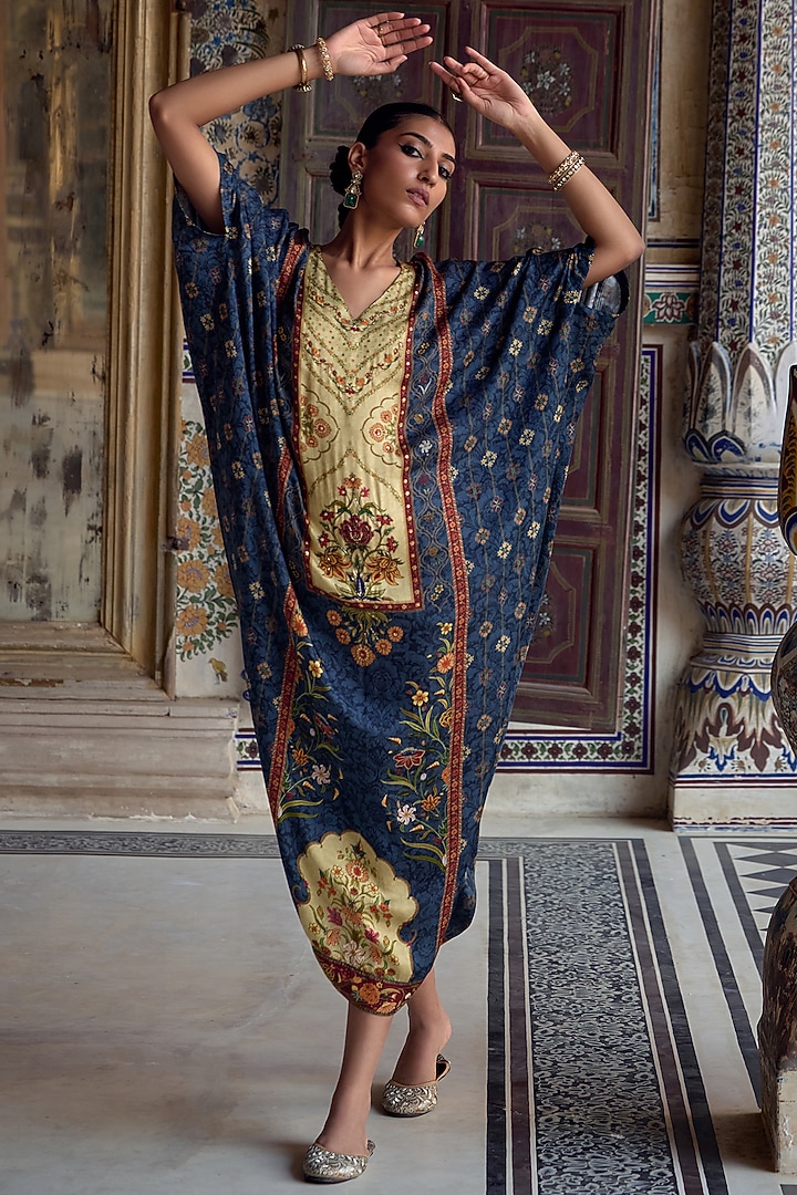 Prussian Blue Viscose Satin Motif Kaftan by Kalista at Pernia's Pop Up Shop
