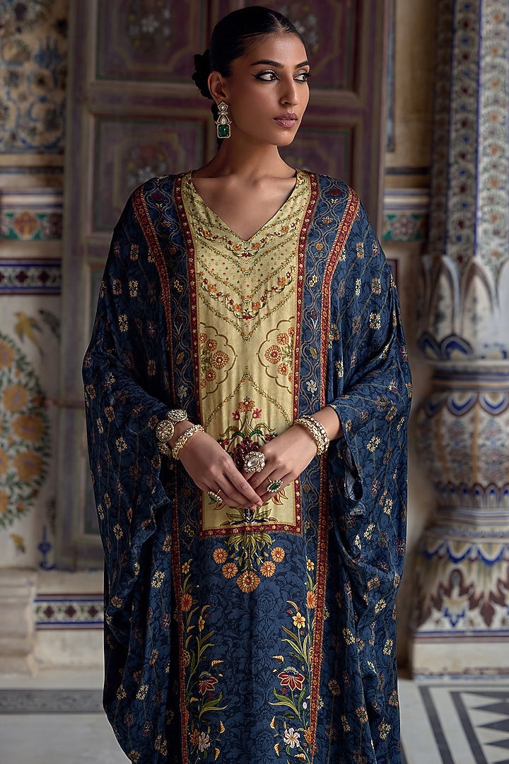 Prussian Blue Viscose Satin Motif Kaftan by Kalista at Pernia's Pop Up Shop