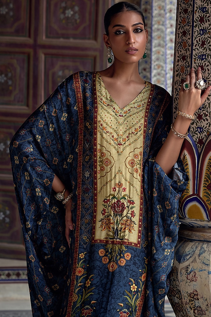 Prussian Blue Viscose Satin Motif Kaftan by Kalista at Pernia's Pop Up Shop