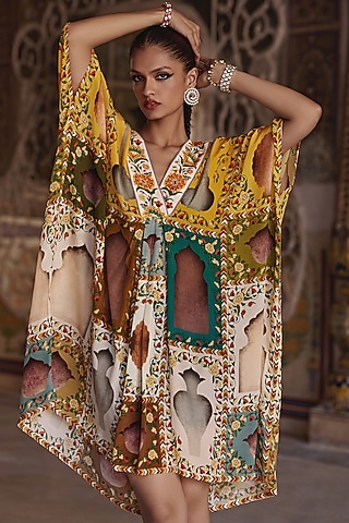 Mustard & Ivory Natural Crepe Floral Printed Kaftan Midi Dress by Kalista