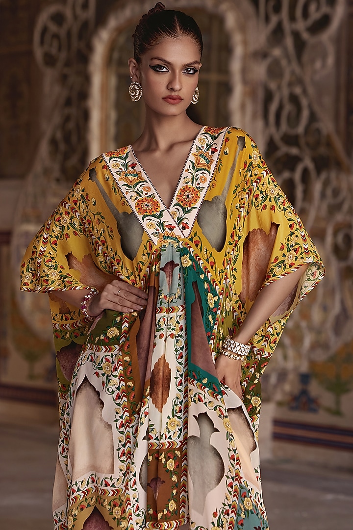Mustard & Ivory Natural Crepe Floral Printed Kaftan Midi Summer Dress by Kalista at Pernia's Pop Up Shop