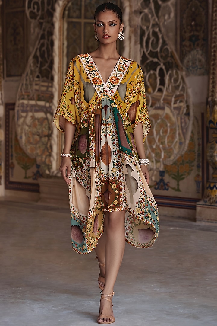Mustard & Ivory Natural Crepe Floral Printed Kaftan Midi Summer Dress by Kalista at Pernia's Pop Up Shop