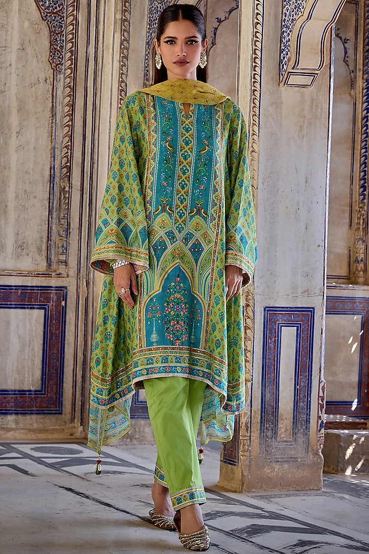 Blue & Green Chanderi Silk Printed Kurta Set by Kalista at Pernia's Pop Up Shop