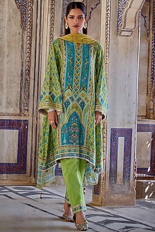 Blue & Green Chanderi Silk Printed Kurta Set by Kalista