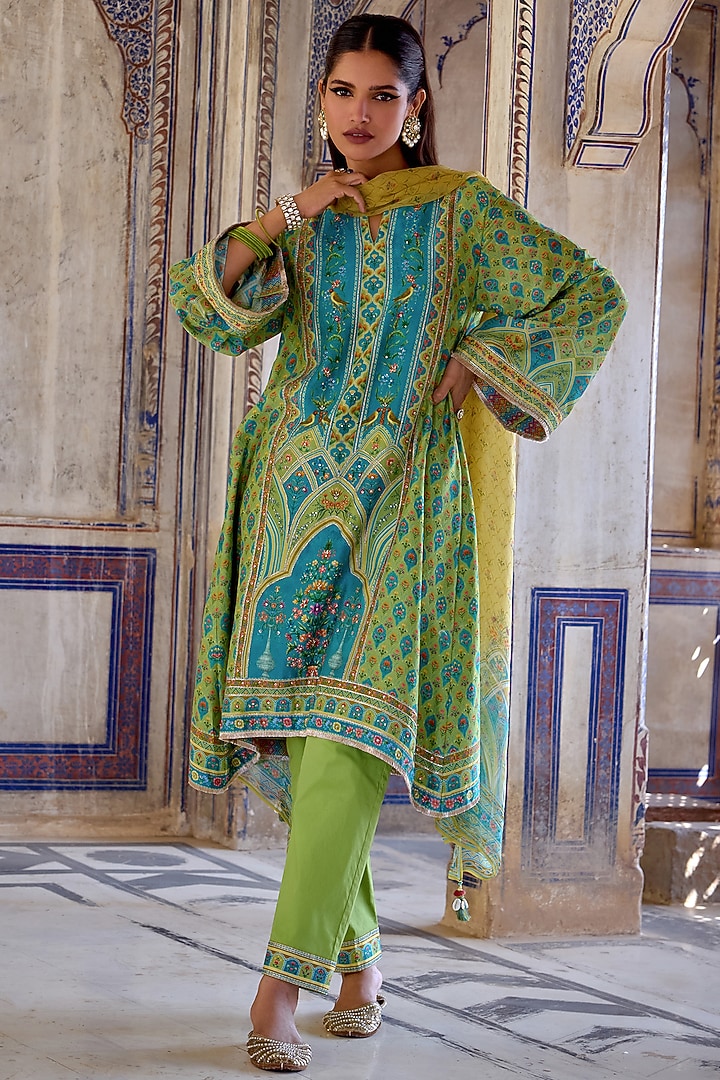 Blue & Green Chanderi Silk Printed Kurta Set by Kalista at Pernia's Pop Up Shop