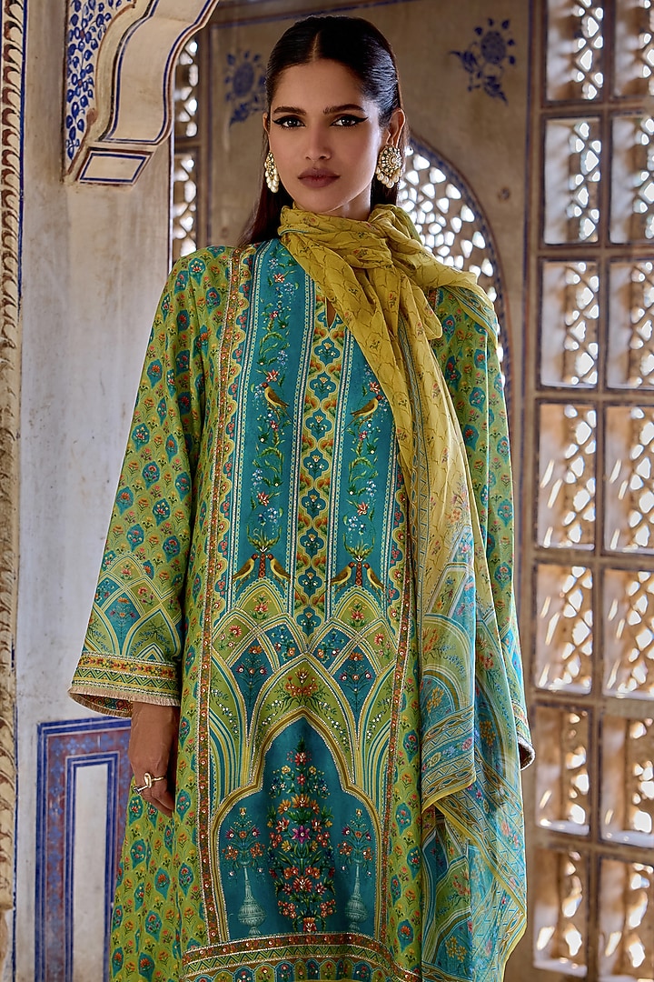 Blue & Green Chanderi Silk Printed Kurta Set by Kalista at Pernia's Pop Up Shop