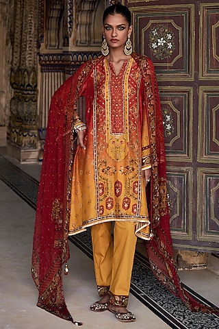 Sunset Orange Chanderi Silk Printed Kurta Set by Kalista