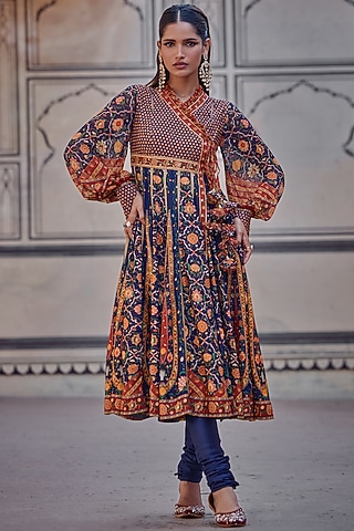 Navy Blue Chanderi Silk Hand Embroidered Angrakha Kurta Set by Kalista
