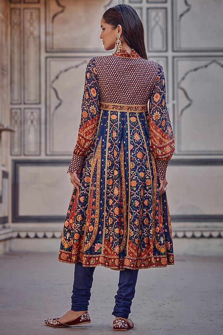 Navy Blue Chanderi Silk Hand Embroidered Angrakha Kurta Set by Kalista at Pernia's Pop Up Shop