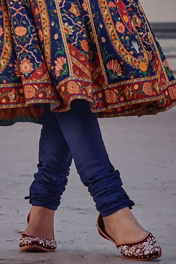 Navy Blue Chanderi Silk Hand Embroidered Angrakha Kurta Set by Kalista at Pernia's Pop Up Shop
