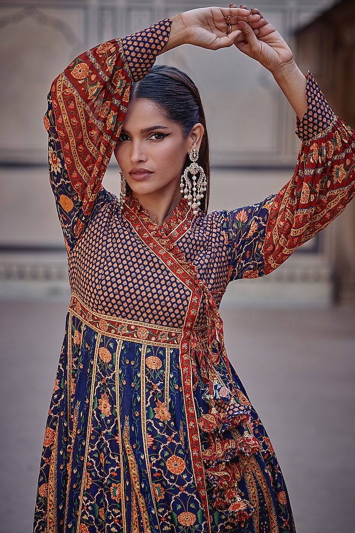 Navy Blue Chanderi Silk Hand Embroidered Angrakha Kurta Set by Kalista at Pernia's Pop Up Shop