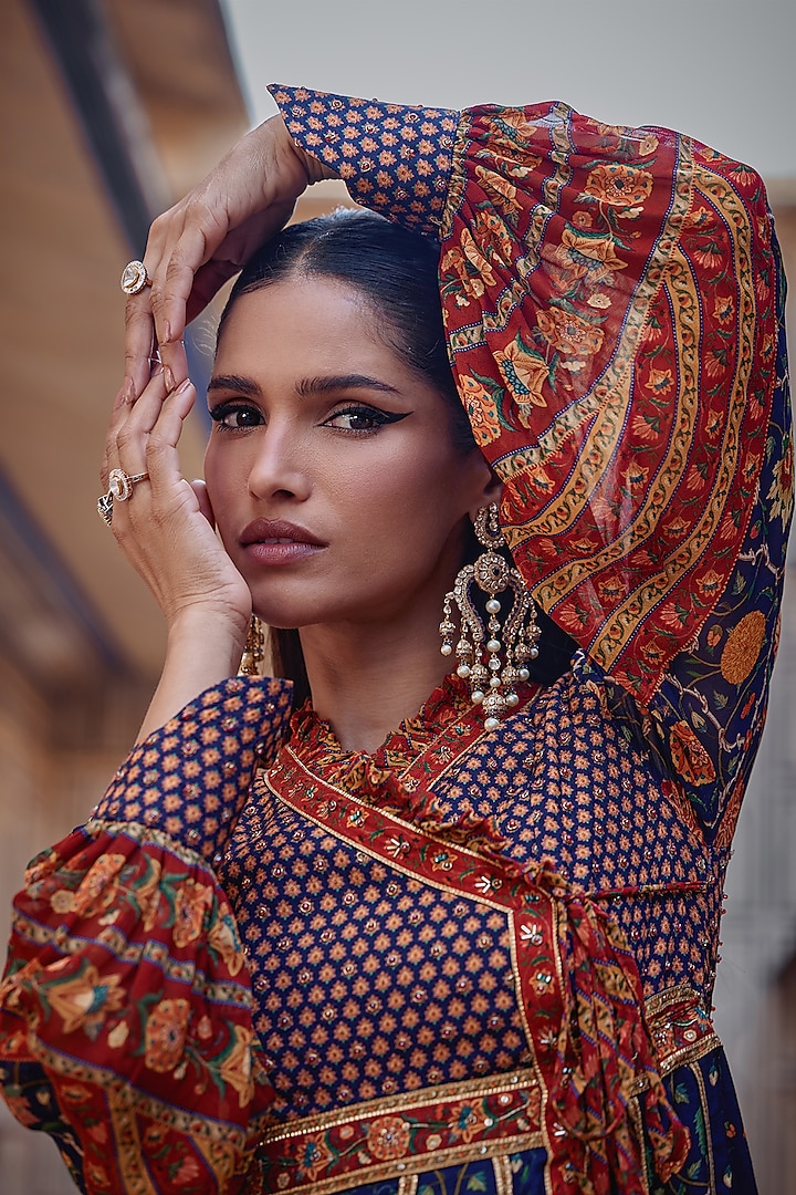 Navy Blue Chanderi Silk Hand Embroidered Angrakha Kurta Set by Kalista at Pernia's Pop Up Shop