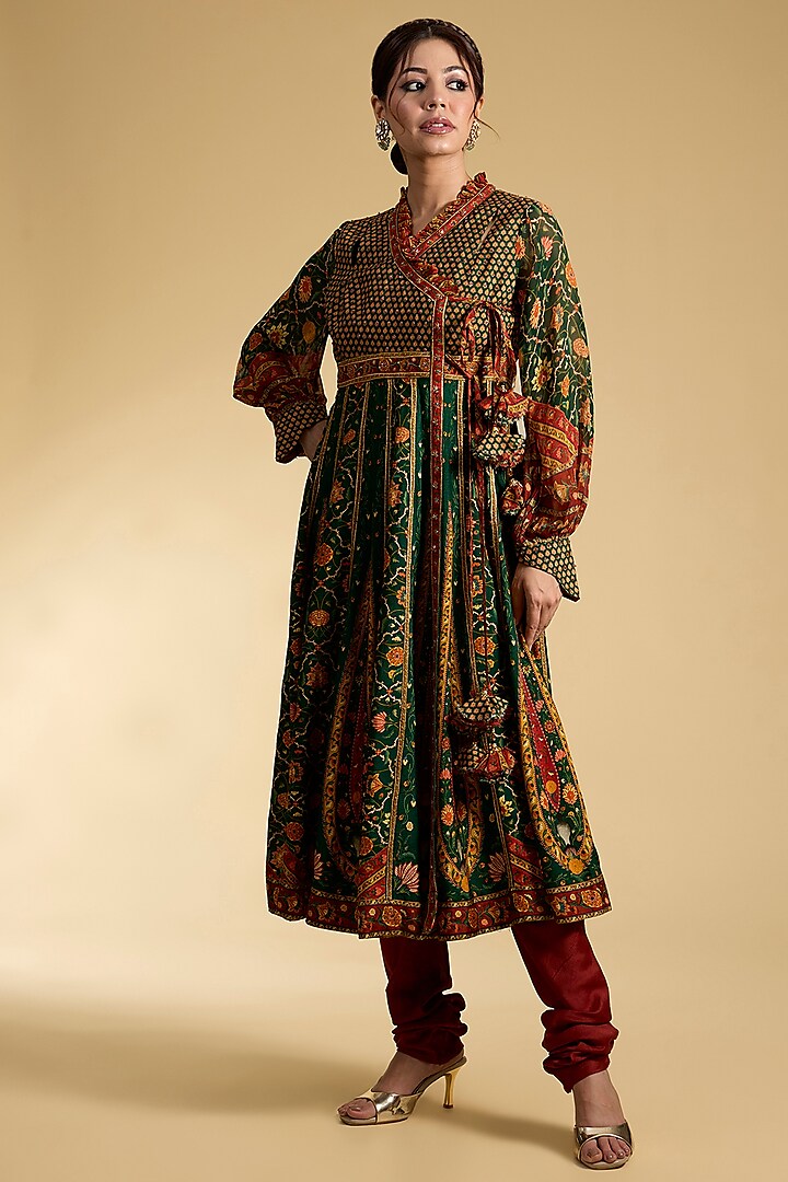 Green Chanderi Silk Angrakha Set by Kalista at Pernia's Pop Up Shop