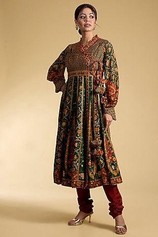Green Chanderi Silk Angrakha Set by Kalista
