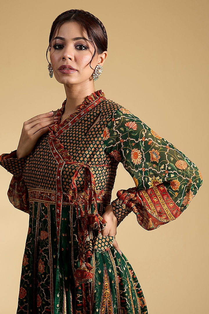Green Chanderi Silk Angrakha Set by Kalista at Pernia's Pop Up Shop