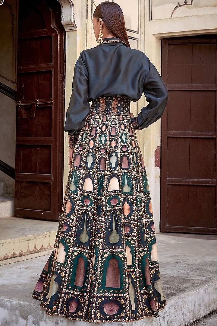Bottle Green Silk Viscose Motif Embroidered Slit Skirt Set by Kalista at Pernia's Pop Up Shop