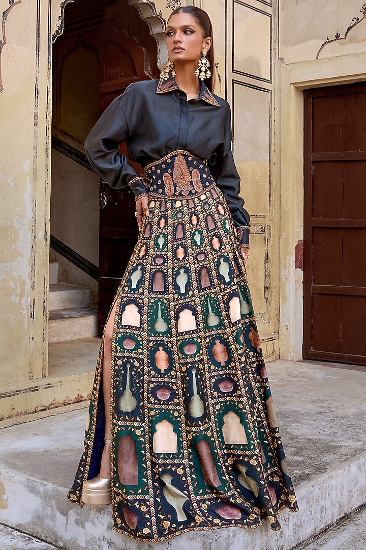 Bottle Green Silk Viscose Motif Embroidered Slit Skirt Set by Kalista at Pernia's Pop Up Shop