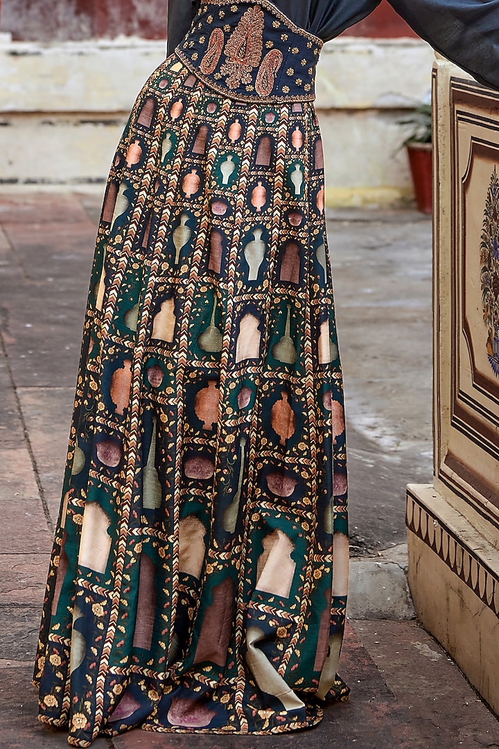 Bottle Green Silk Viscose Motif Embroidered Slit Skirt Set by Kalista at Pernia's Pop Up Shop