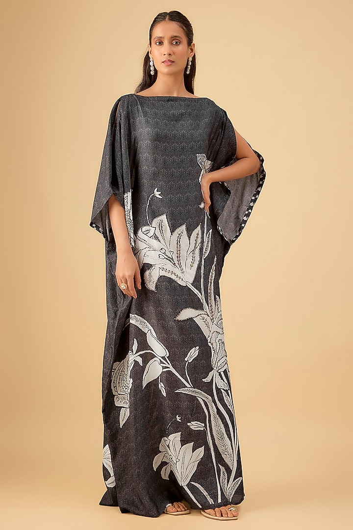 Black Viscose Twill Floral Printed Kaftan Vacation Dress by Kalista at Pernia's Pop Up Shop