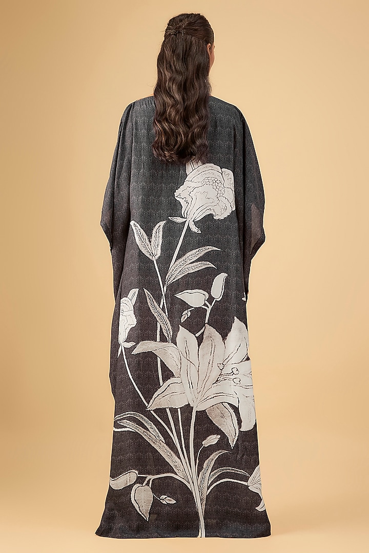 Black Viscose Twill Floral Printed Kaftan Vacation Dress by Kalista at Pernia's Pop Up Shop