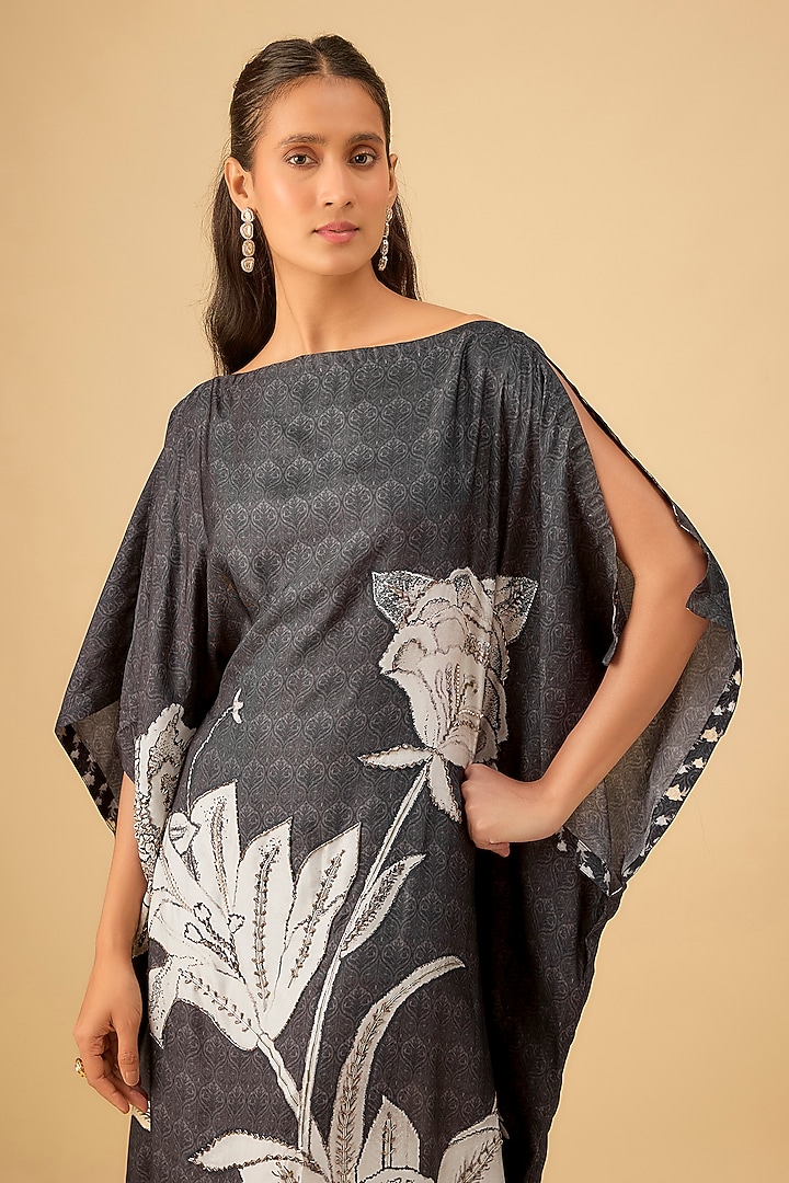Black Viscose Twill Floral Printed Kaftan Vacation Dress by Kalista at Pernia's Pop Up Shop