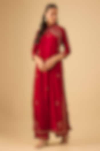 Red Silk Velvet Zari Hand Embroidered Kurta Set by Kalista at Pernia's Pop Up Shop