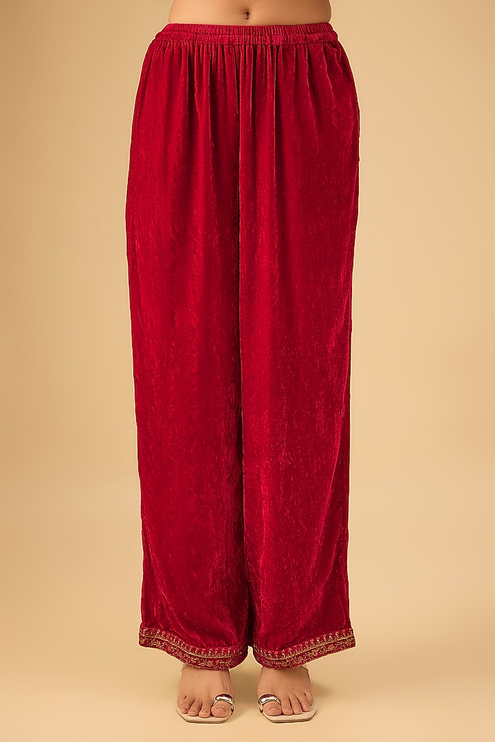 Red Silk Velvet Zari Hand Embroidered Kurta Set by Kalista at Pernia's Pop Up Shop